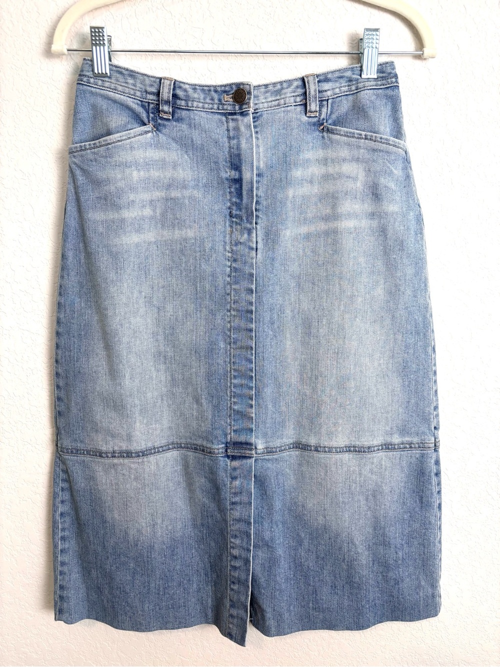 J. Jill Light Wash Denim Midi Skirt Women’s 4 Petite Classic Closet Staple